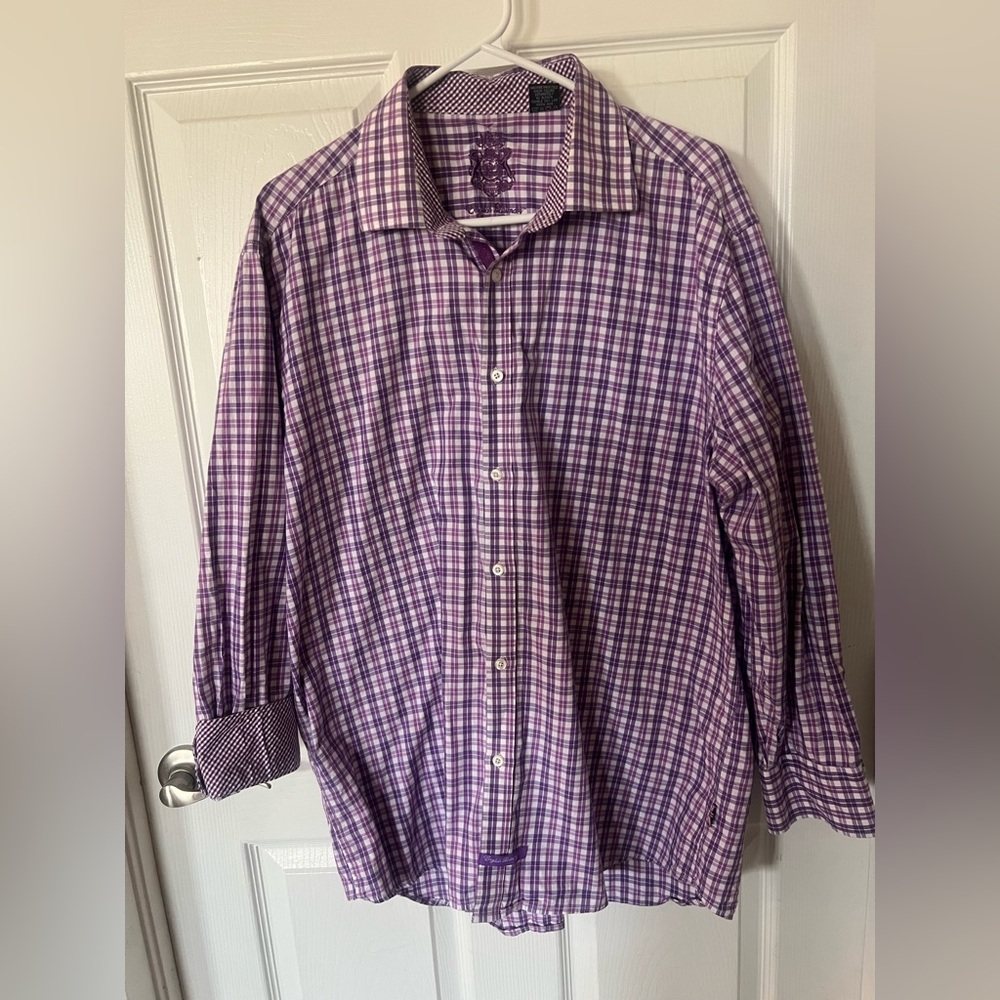 ENGLISH LAUNDRY Men's Dress Shirt Sz 17 32/33 Plaid Purple Long Sleeve Flip Cuff